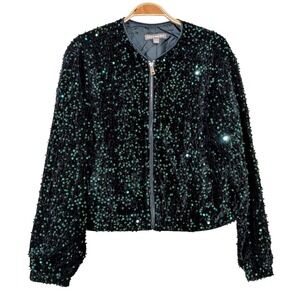 Kate‎ & Mallory Green Sequin Bomber Jacket Womens Size S Zipper Front NWOT